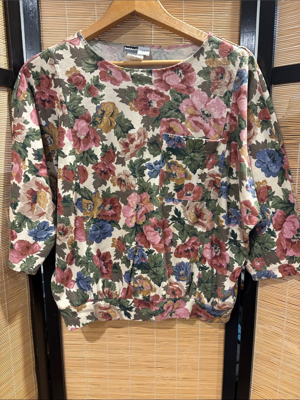 Floral Pocket Pullover Sweatshirt by belochic - Cream with Pink & Green Floral